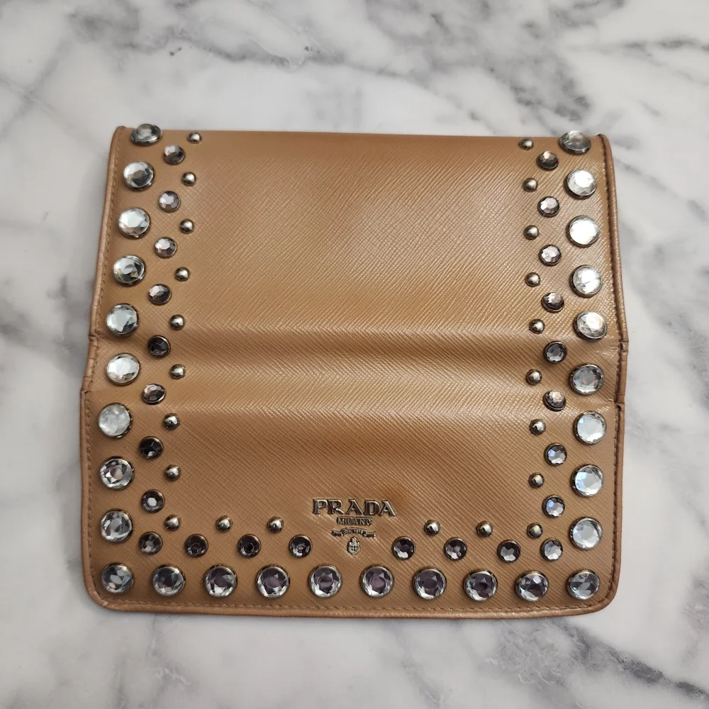 Authentic PRADA Saffiano Patent Leather Vernice Crystal Studded Flap Long Wallet - Picture 7 of 11